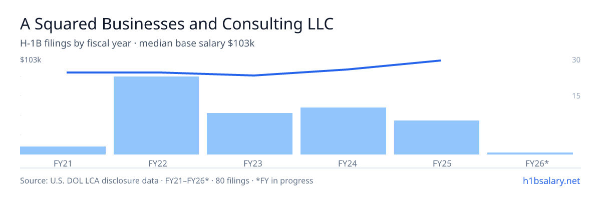 A Squared Businesses and Consulting LLC H-1B filings by fiscal year, median base salary $87k β U.S. Department of Labor LCA disclosures