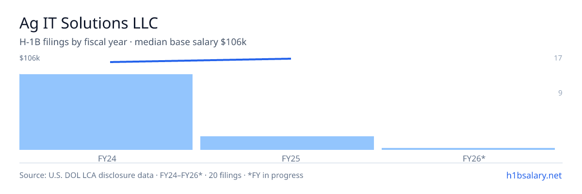 Ag IT Solutions LLC H-1B filings by fiscal year, median base salary $101k β U.S. Department of Labor LCA disclosures