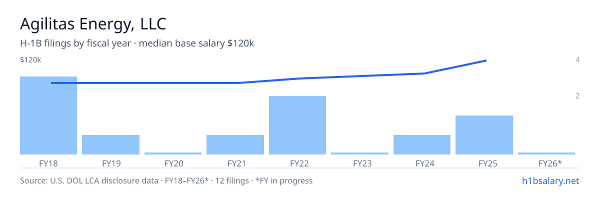 Agilitas Energy, LLC H-1B filings by fiscal year, median base salary $85k β U.S. Department of Labor LCA disclosures