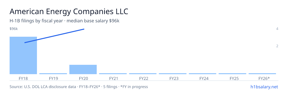 American Energy Companies LLC H-1B filings by fiscal year, median base salary $72k β U.S. Department of Labor LCA disclosures