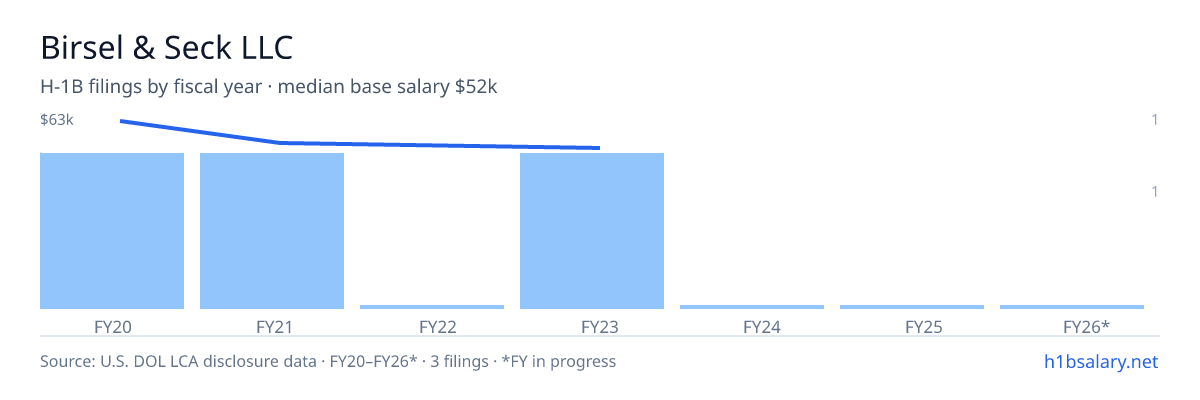Birsel & Seck LLC H-1B filings by fiscal year, median base salary $54k β U.S. Department of Labor LCA disclosures