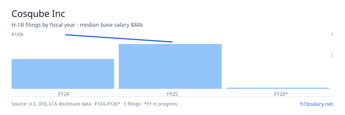 Cosqube Inc H-1B filings by fiscal year, median base salary $86k β U.S. Department of Labor LCA disclosures
