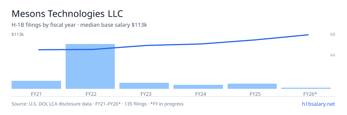Mesons Technologies LLC H-1B filings by fiscal year, median base salary $76k β U.S. Department of Labor LCA disclosures
