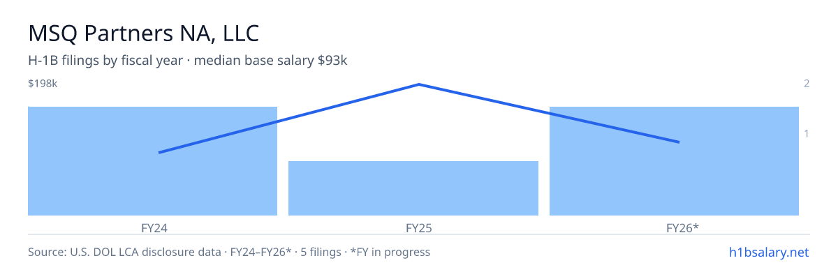 MSQ Partners NA, LLC H-1B filings by fiscal year, median base salary $90k β U.S. Department of Labor LCA disclosures
