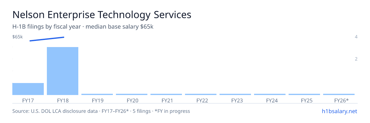 Nelson Enterprise Technology Services H-1B filings by fiscal year, median base salary $65k β U.S. Department of Labor LCA disclosures
