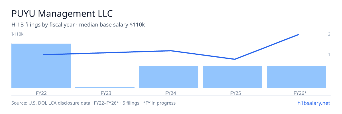 PUYU Management LLC H-1B filings by fiscal year, median base salary $64k β U.S. Department of Labor LCA disclosures
