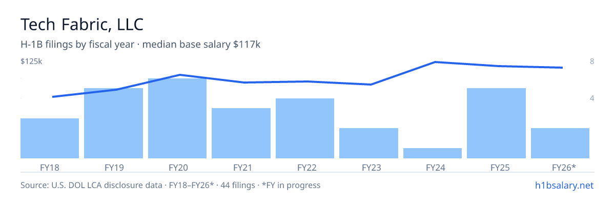 Tech Fabric, LLC H-1B filings by fiscal year, median base salary $95k โ U.S. Department of Labor LCA disclosures