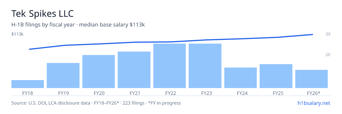 Tek Spikes LLC H-1B filings by fiscal year, median base salary $94k โ U.S. Department of Labor LCA disclosures