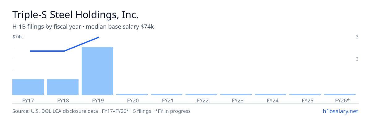 Triple-S Steel Holdings, Inc. H-1B filings by fiscal year, median base salary $74k β U.S. Department of Labor LCA disclosures