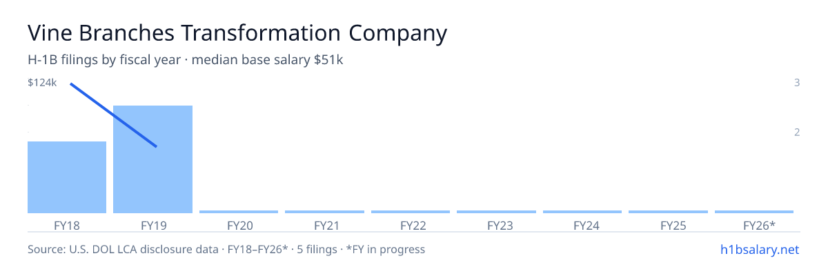 Vine Branches Transformation Company H-1B filings by fiscal year, median base salary $72k β U.S. Department of Labor LCA disclosures